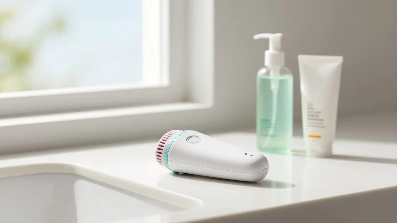 Domácí IPL přístroj na koupelnovém pultu vedle aloe gelu
