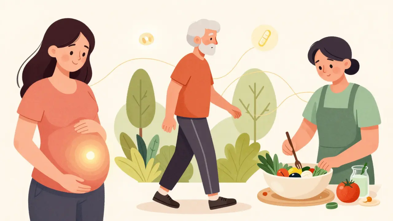 Ilustrace těhotné ženy, seniora a vegana s důrazem na výživu