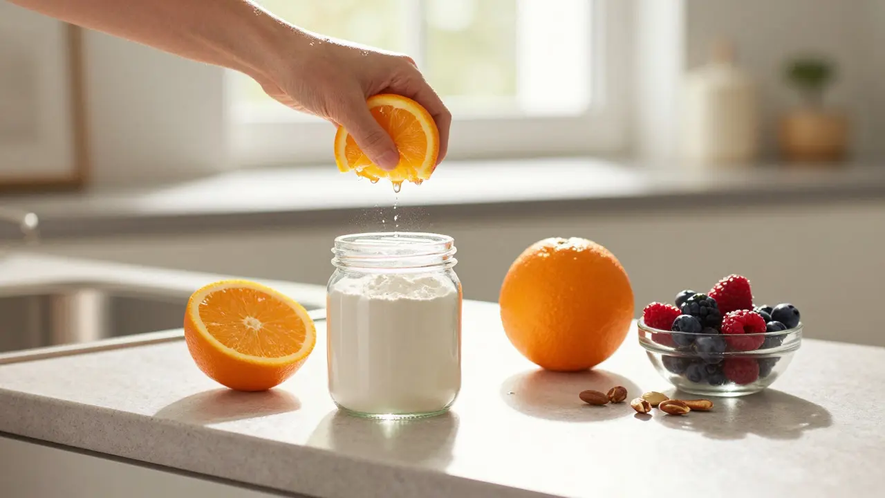 Kolagenový prášek s citrusy a vitamínem C na stole