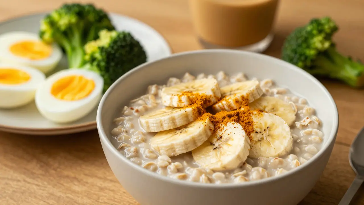 Zdravá snídaně s ovsem, banány a vařenými vejci