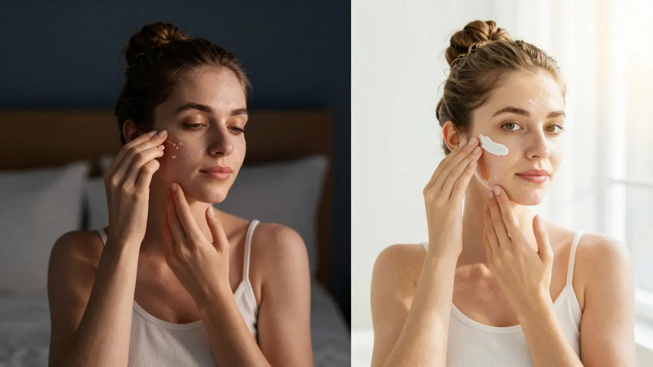 Žena aplikuje retinol večer a opalovací krém ráno