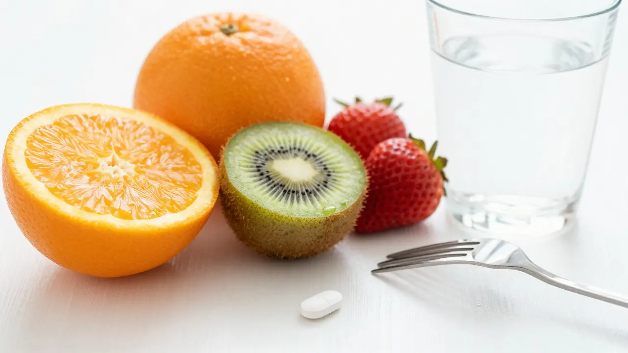 Čerstvé citrusy a ovoce na stole vedle sklenice vody