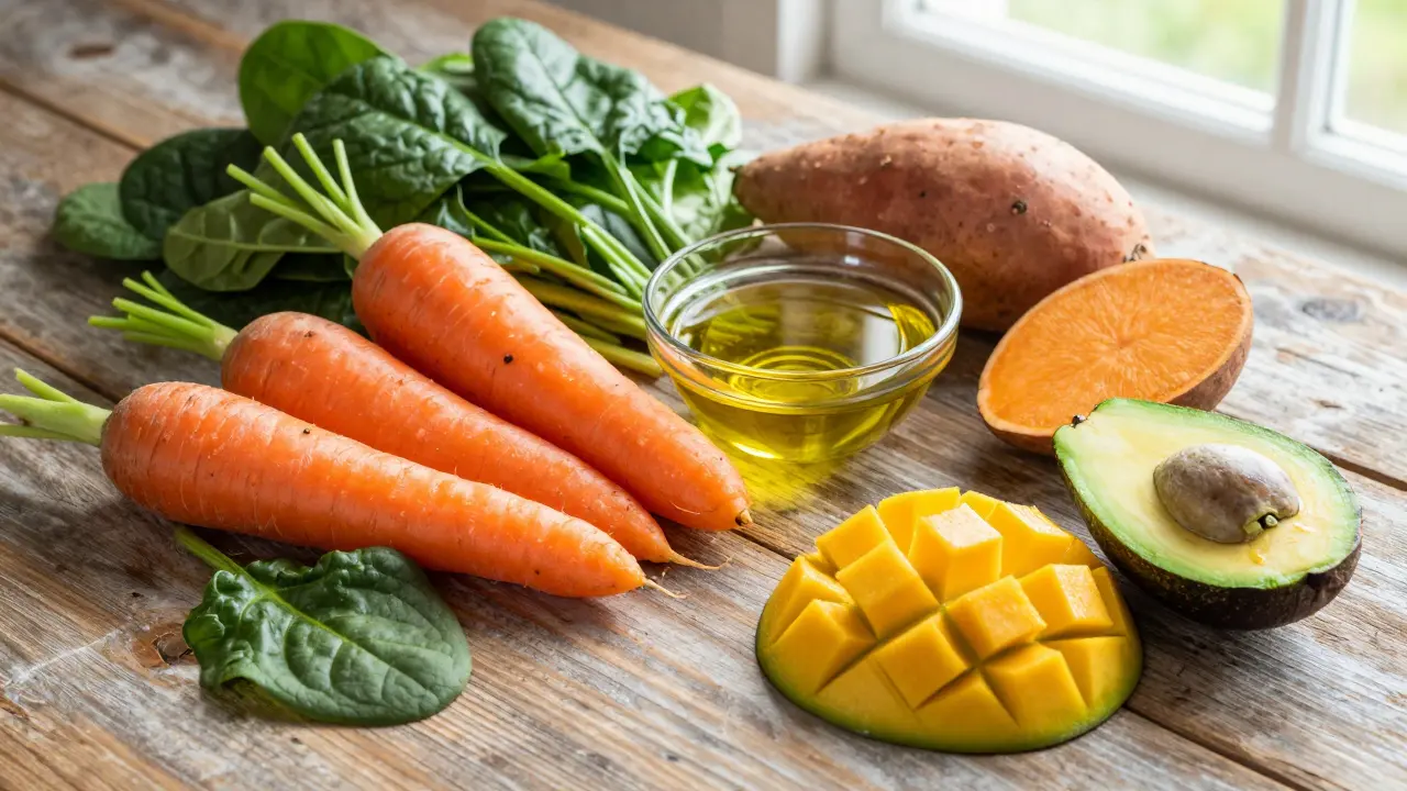 Čerstvé potraviny bohaté na vitamín A: mrkev, špenát, dýně a ovoce s olejem