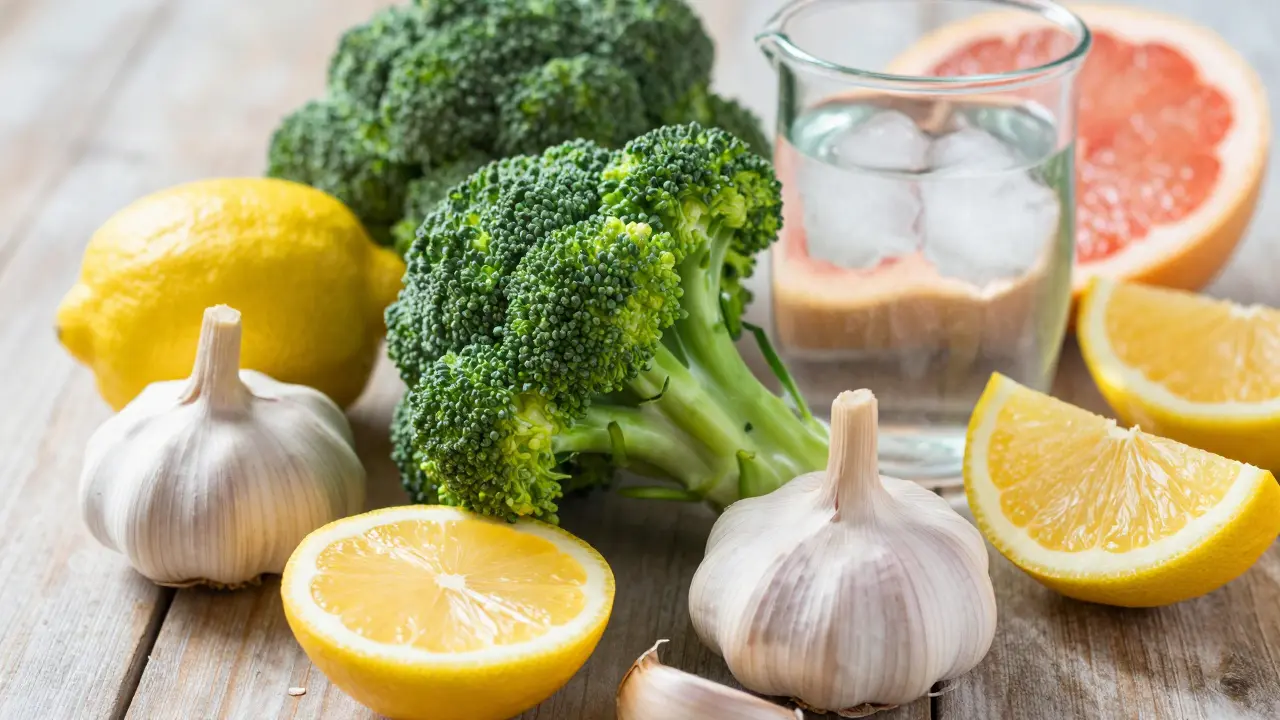 Fresh broccoli, garlic, lemons, and water arranged on a wooden table for healthy eating.