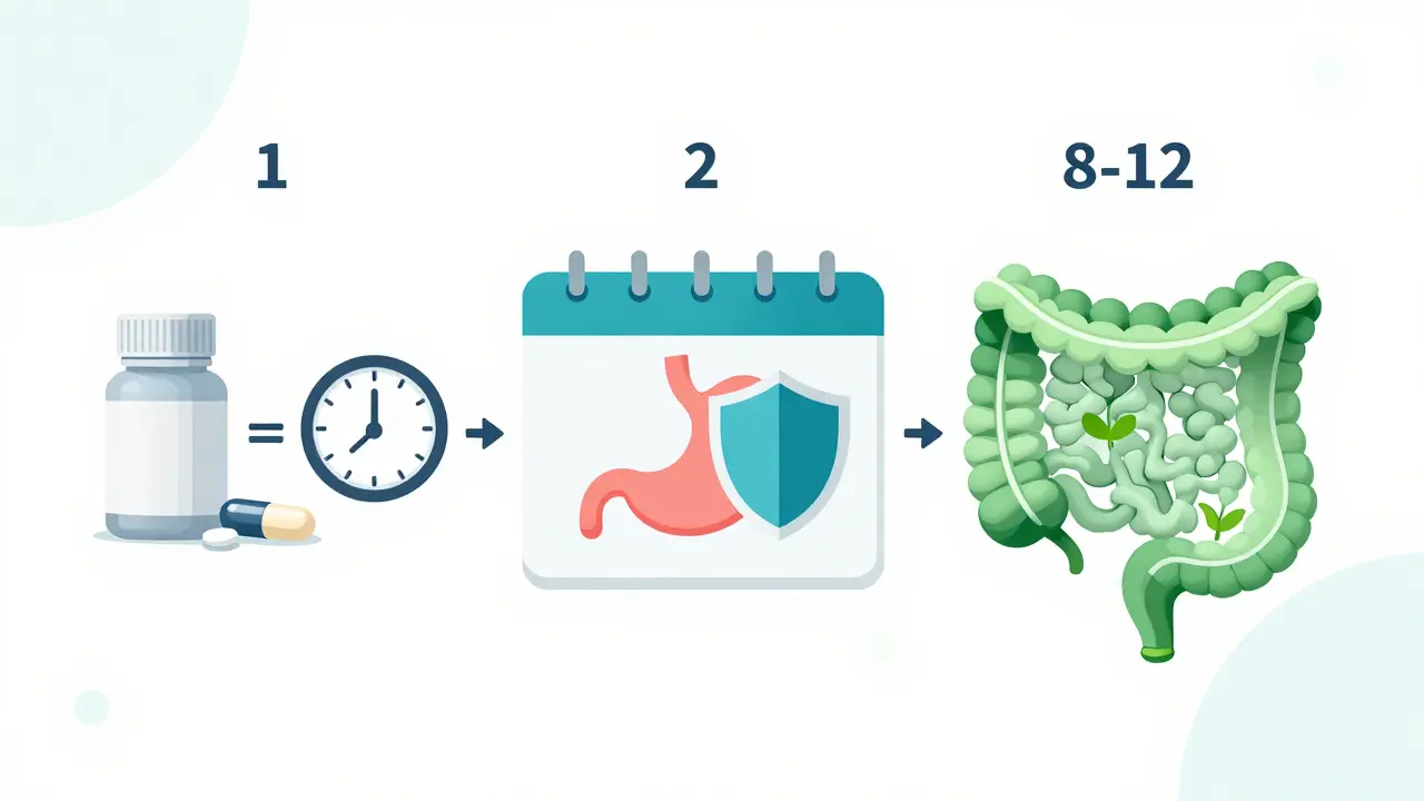 Konceptuální ilustrace časového harmonogramu užívání probiotik po antibiotikách