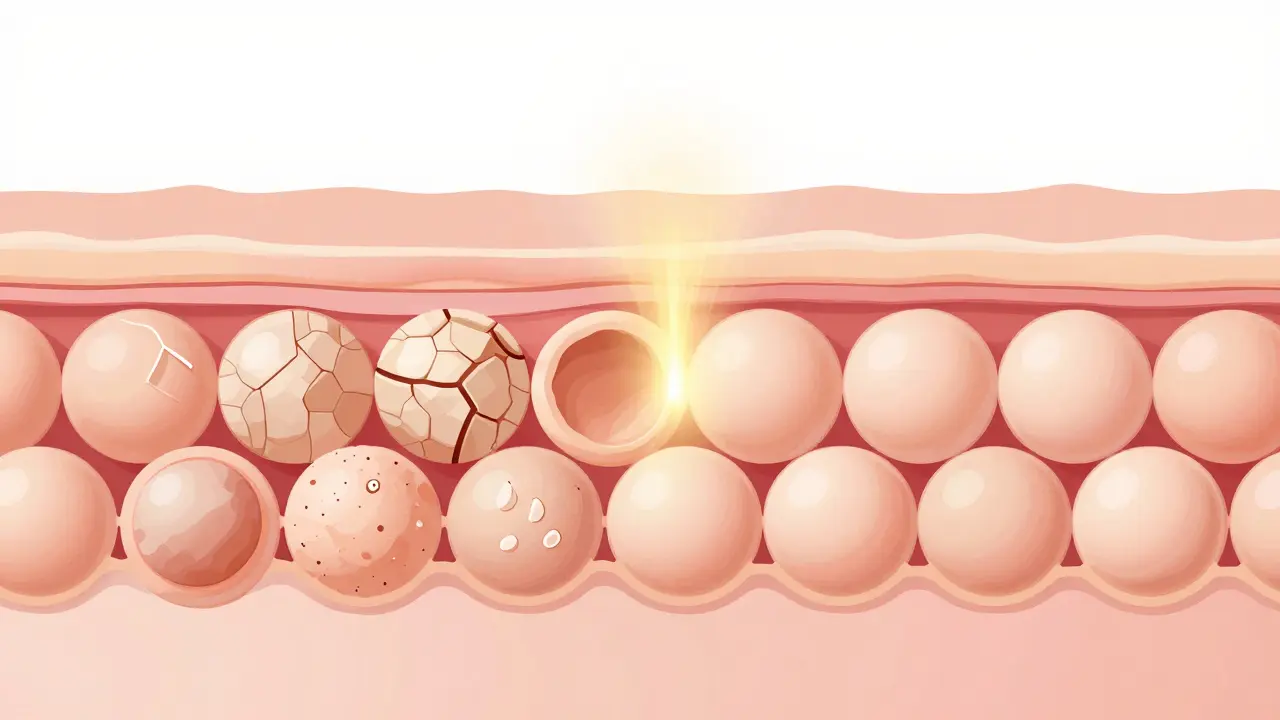 Konceptuální ilustrace obnovy buněk kůže a hojení díky vitamínu A