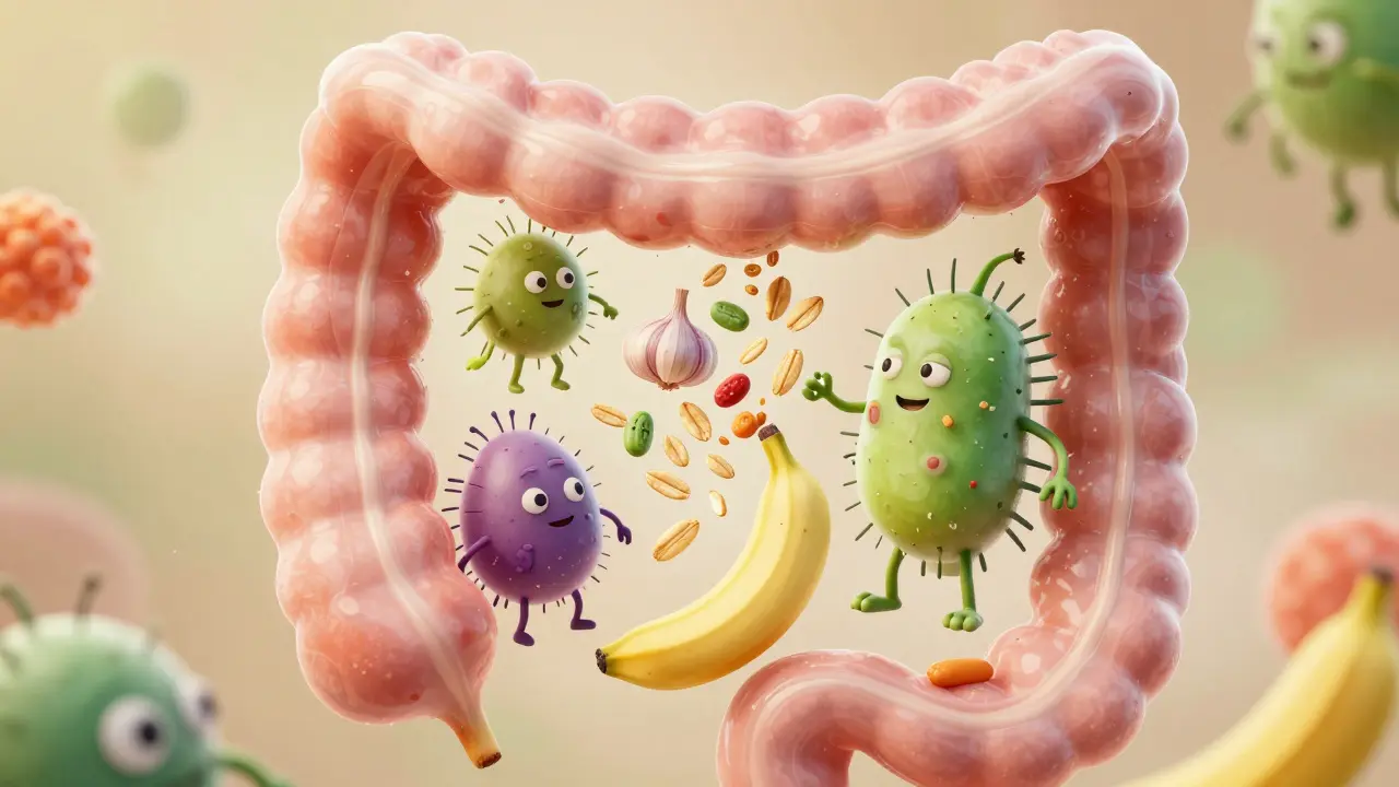 Konceptuální ilustrace střevní mikrobioty a prebiotik jako ekosystému
