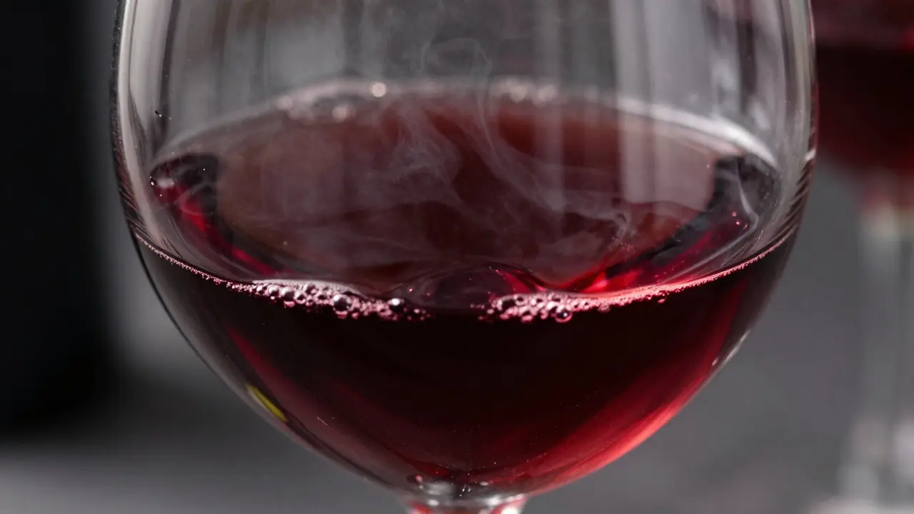 Makro záběr červeného vína v poháru s odrazem světla