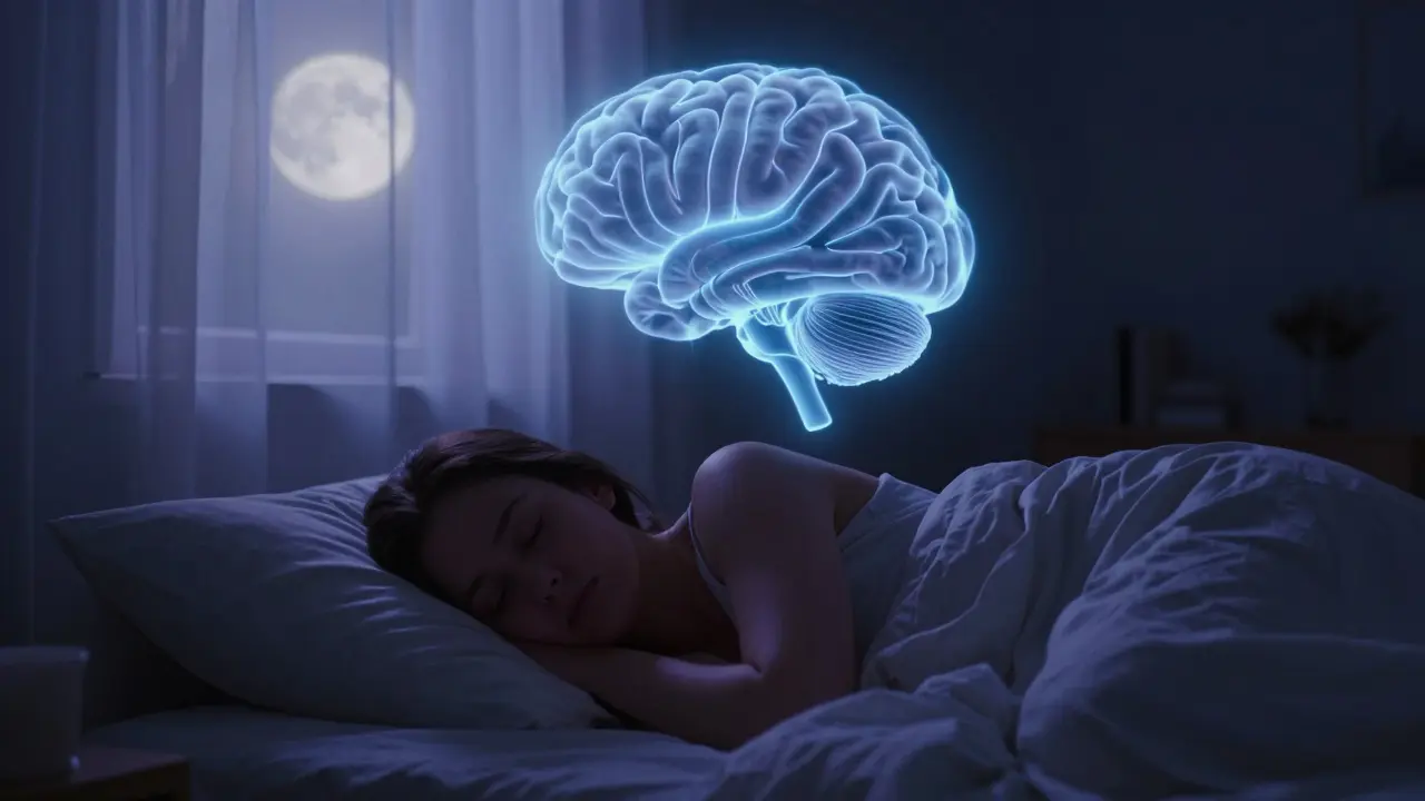 Person sleeping peacefully with abstract blue glow showing brain detoxification process.