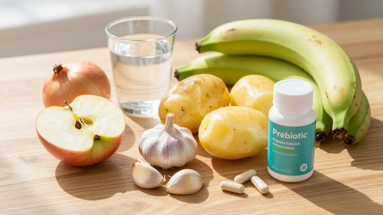 Prebiotické potraviny jako jablka a cibule vedle probiotického doplňku