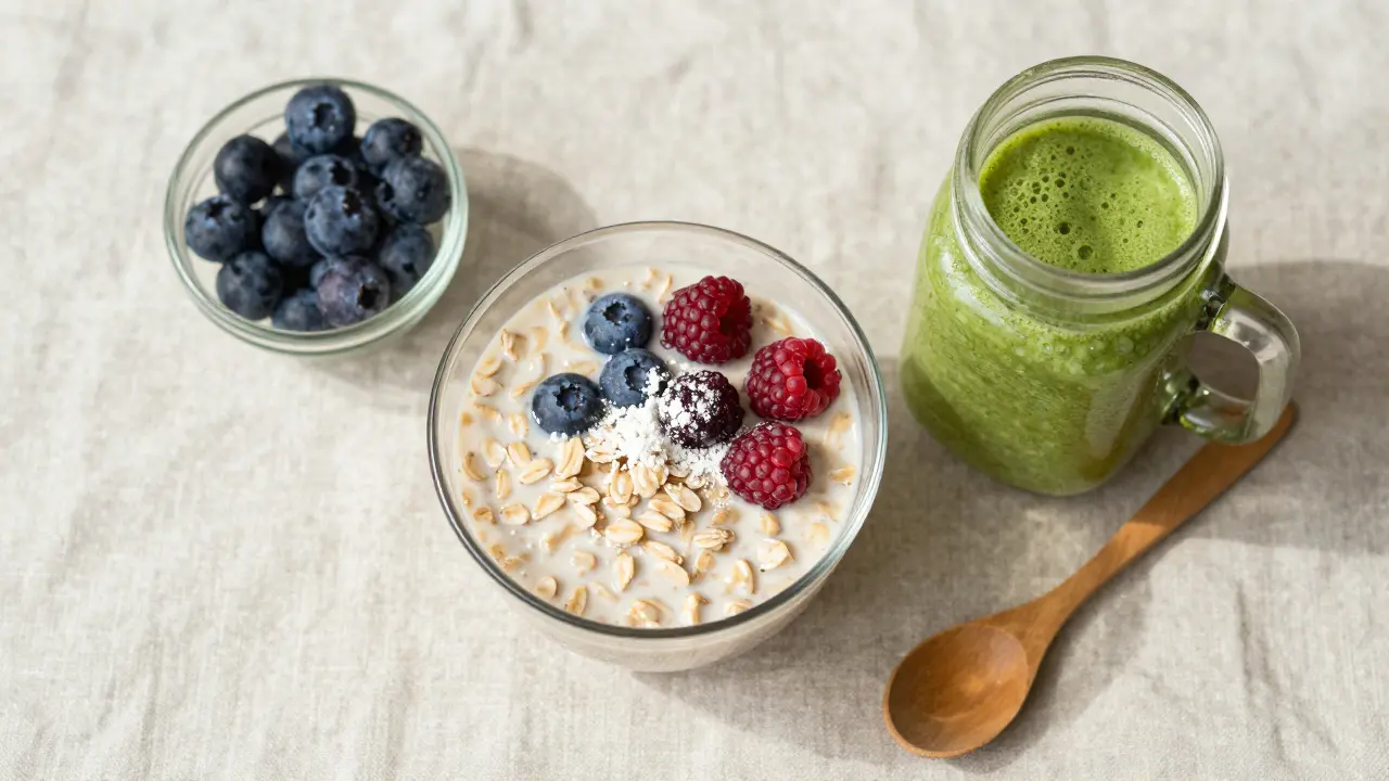 Sklenice s ovesnou kaší a smoothie posypané bílým práškem kolagenu