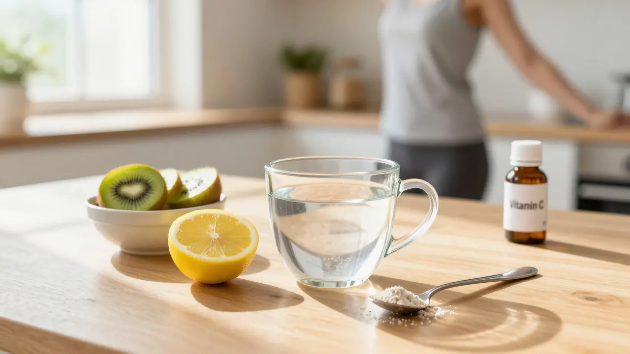 Sklenice vody s kolagenem, citronem a vitamínem C na dřevěném stole