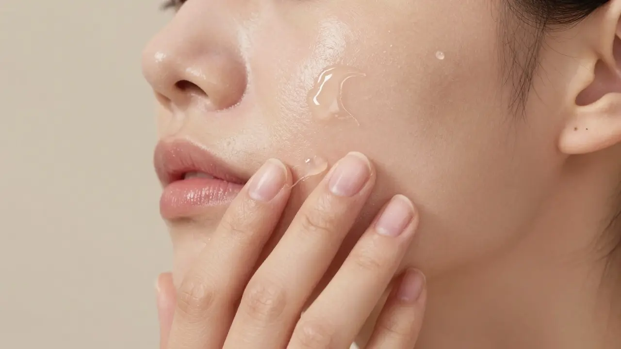 Žena jemně poklepává sérum na tvář pro lepší vstřebání