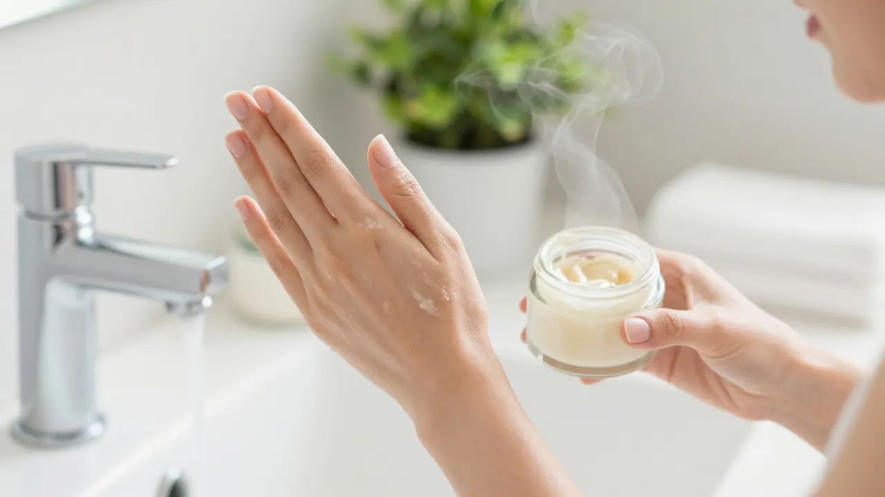 Žena si jemně nanáší domácí peeling na obličej v osvětlené koupelně.