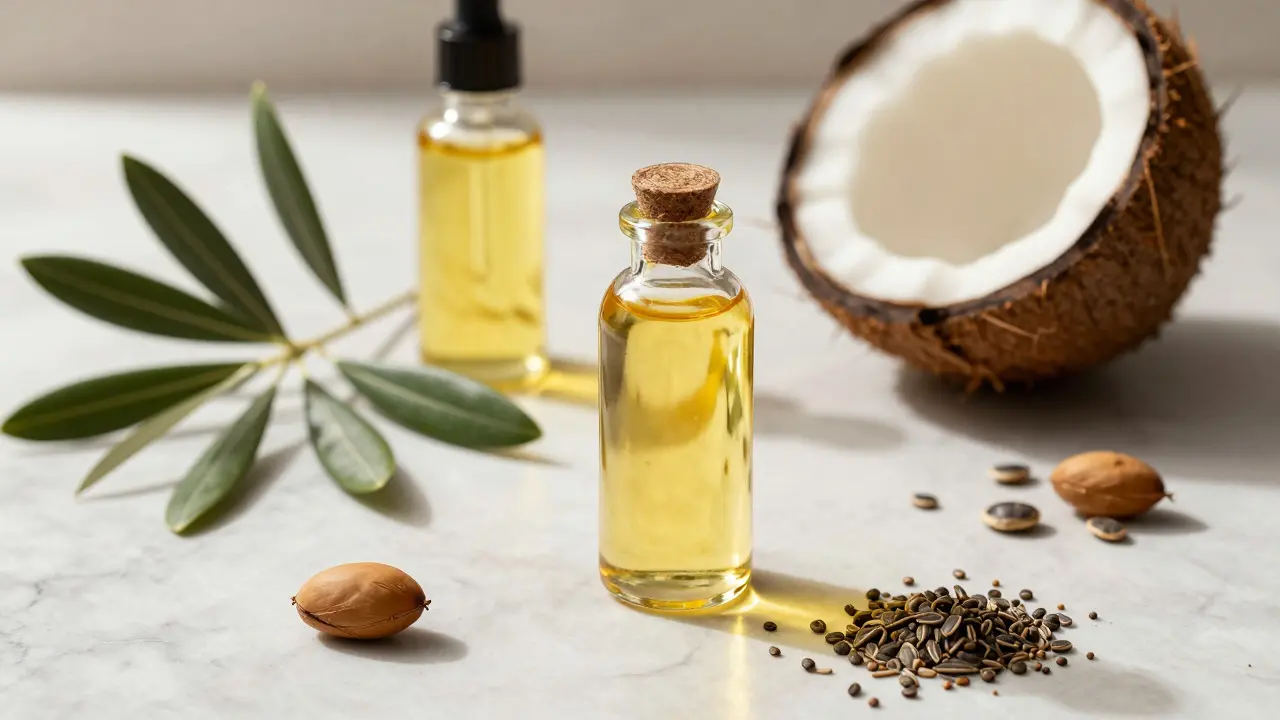 Elegantní uspořádání lahví s oleji na vlasy a přírodních ingrediencí jako kokos a olivy.
