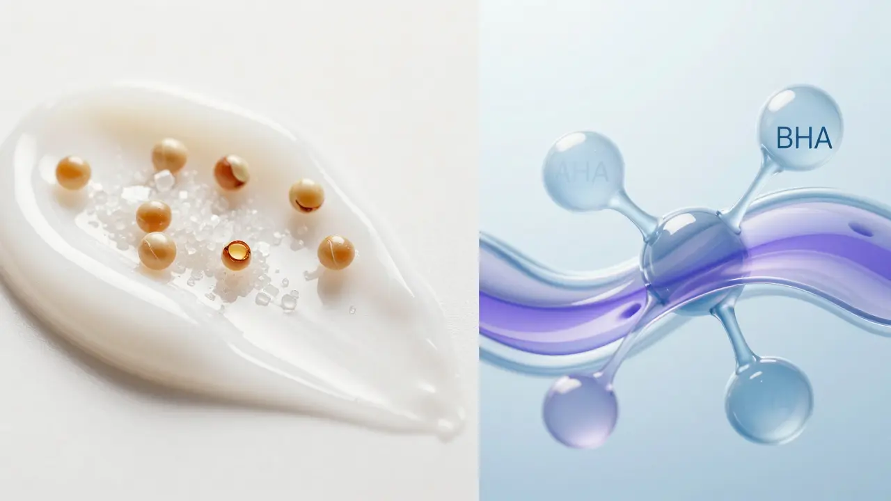 Ilustrace mechanického scrubu a chemických kyselin pro peeling