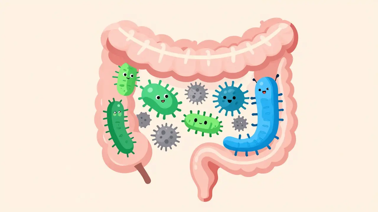 Ilustrace střevního mikrobiomu psa s prospěšnými bakteriemi