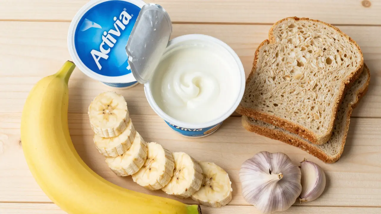 Jogurt Activia s banány a celozrnným chlebem pro zdravé trávení