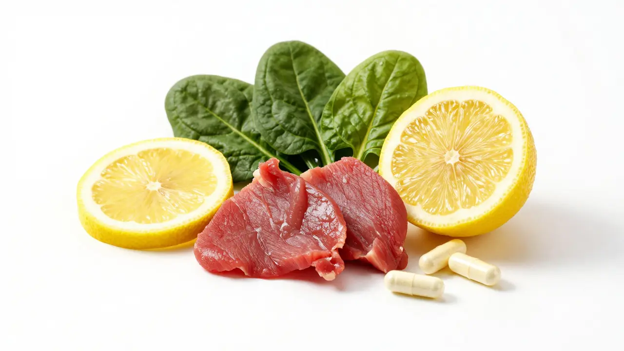 Konceptuální snímek ukazující kombinaci železa a vitaminu C pro lepší vstřebávání