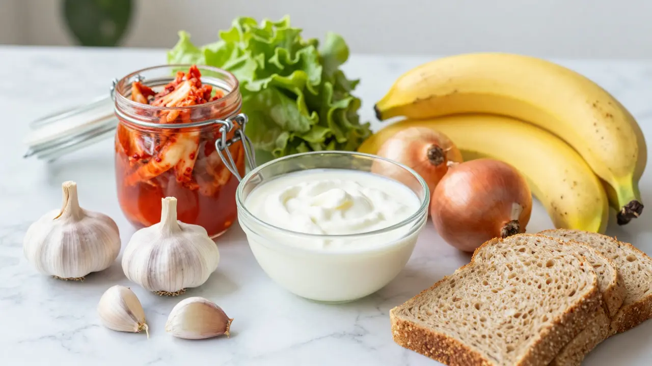 Přírodní zdroje probiotik: kimchi, kefír, česnek a banány