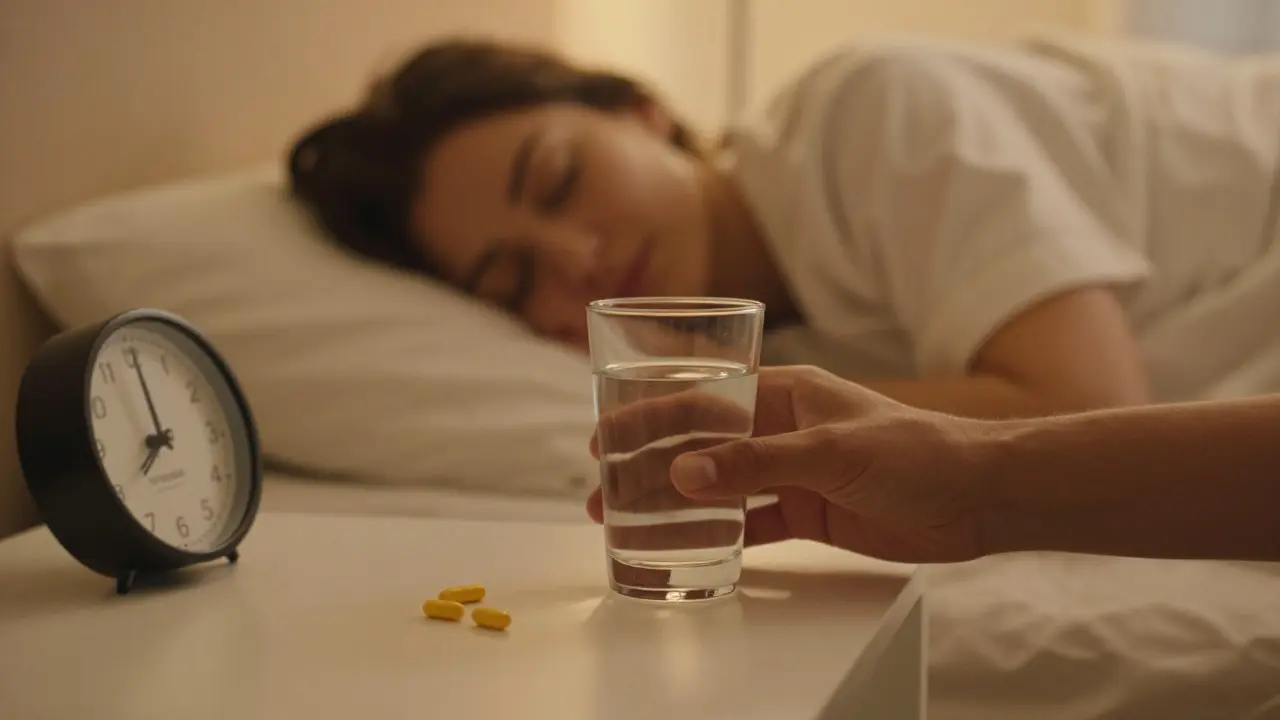 Ruce podávající vodu a vitamíny u postele pro bezpečnou detoxikaci