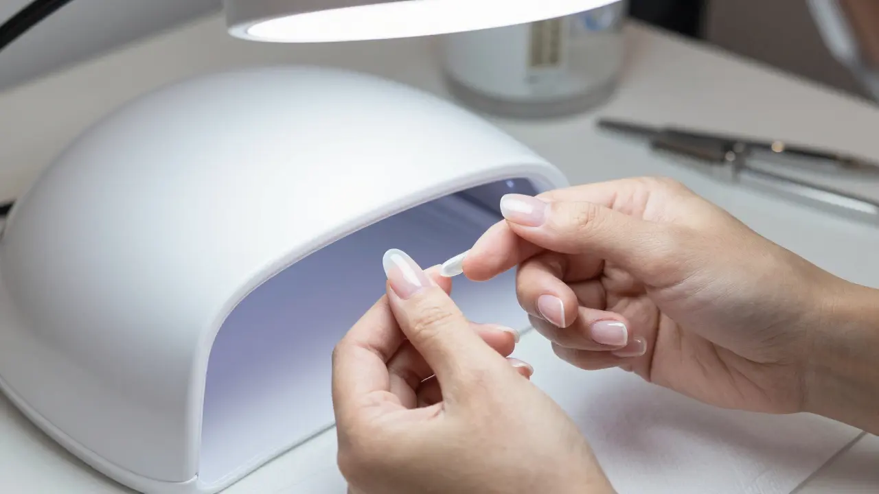 Záběr na ruce pod LED lampou při tvrdnutí gelových nehtů