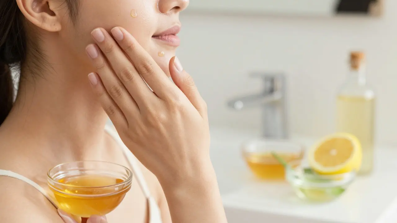 Žena nanáší gel z aloe vera na obličej vedle přírodních ingrediencí