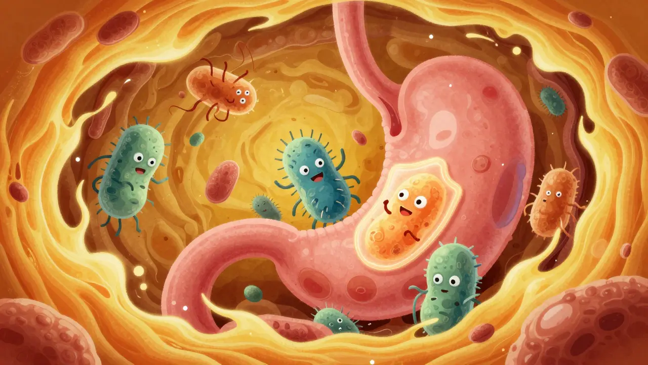 Abstraktní ilustrace bakterií bojujících s kyselinou v žaludku
