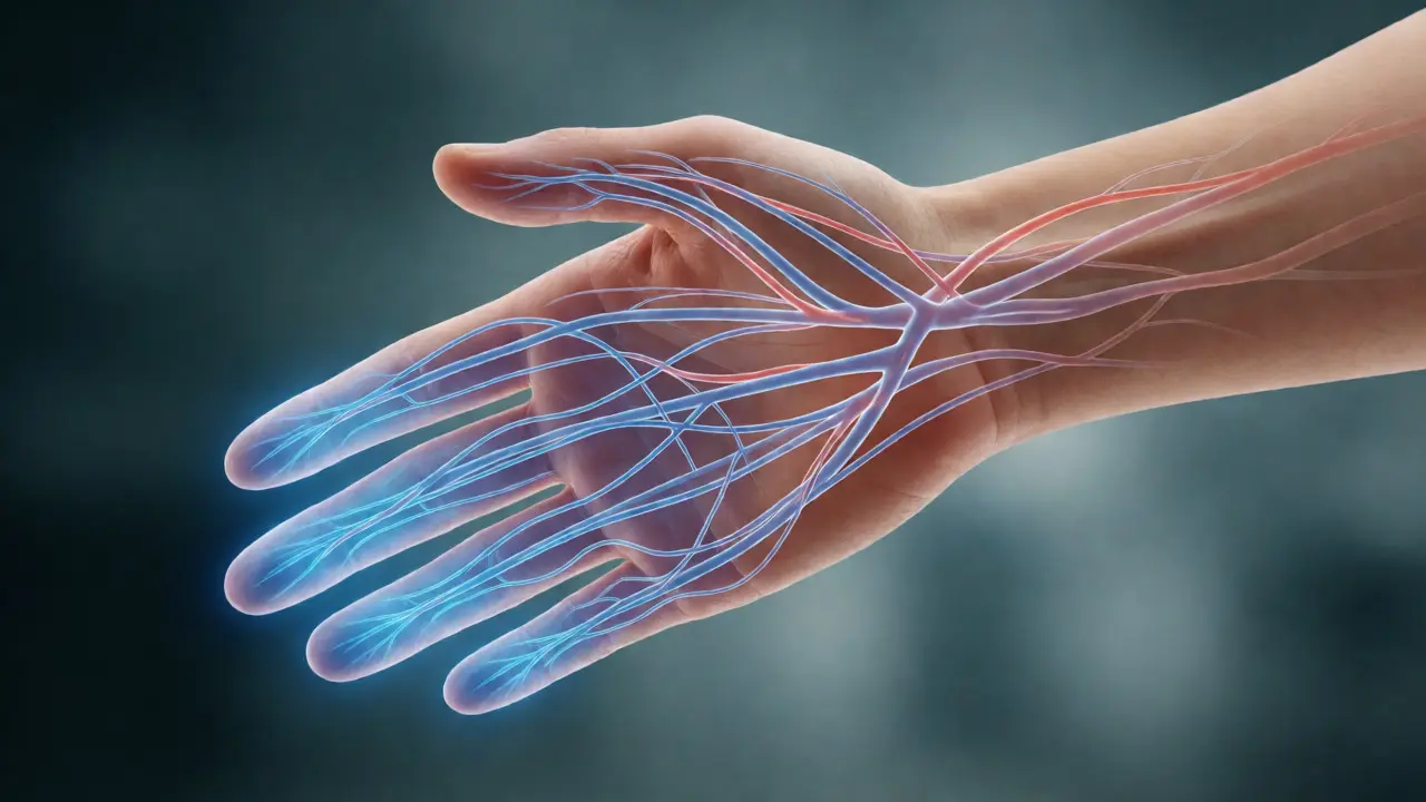 Ilustrace ruky se svítícími nervy znázorňující periferní neuropatii z předávkování B6.