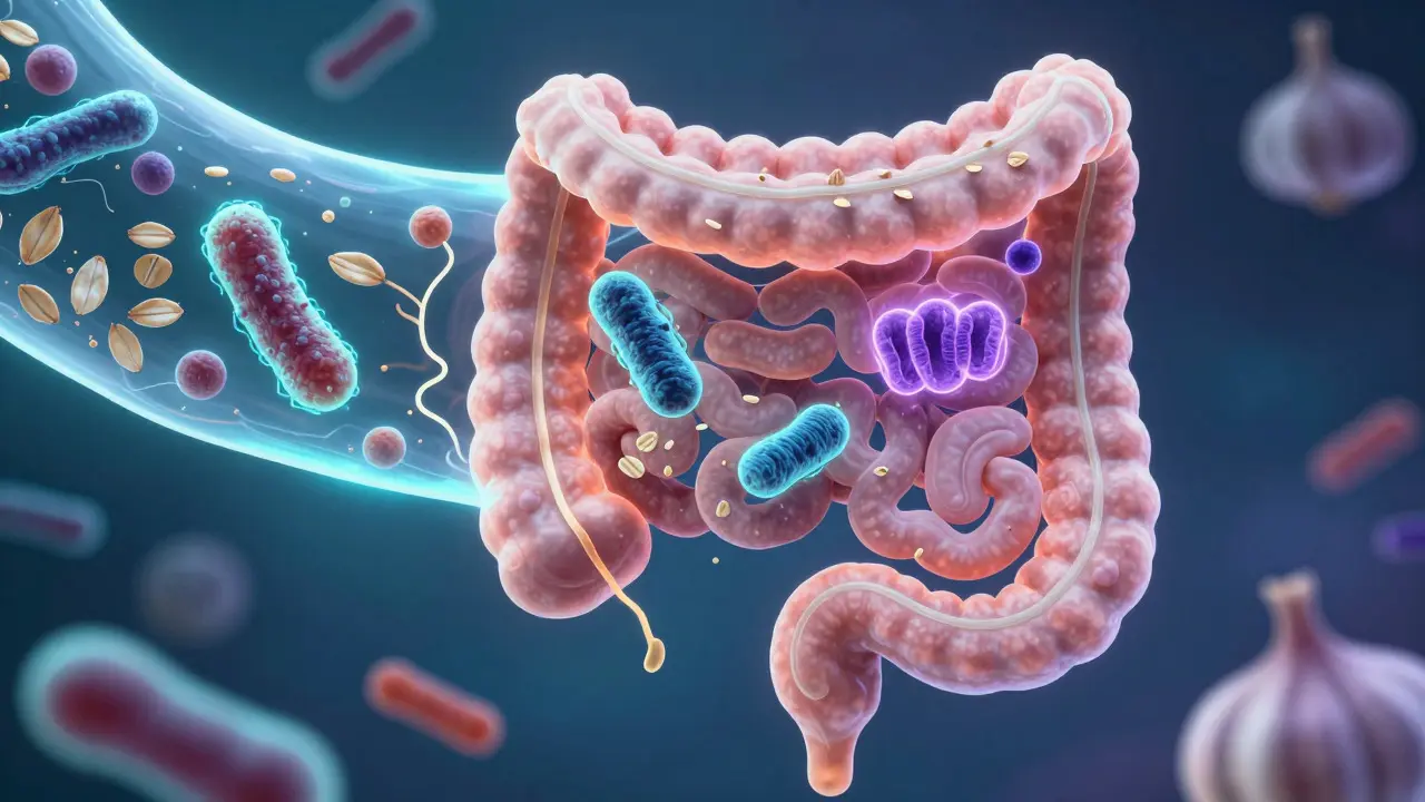Ilustrace střevního traktu s bakteriemi a vlákny znázorňující obnovu mikrobioty