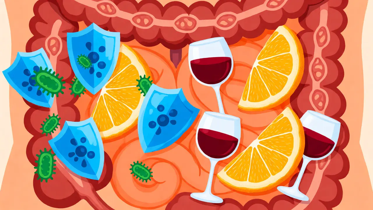 Ilustrace trávicího systému s antibiotiky a grapefrutem