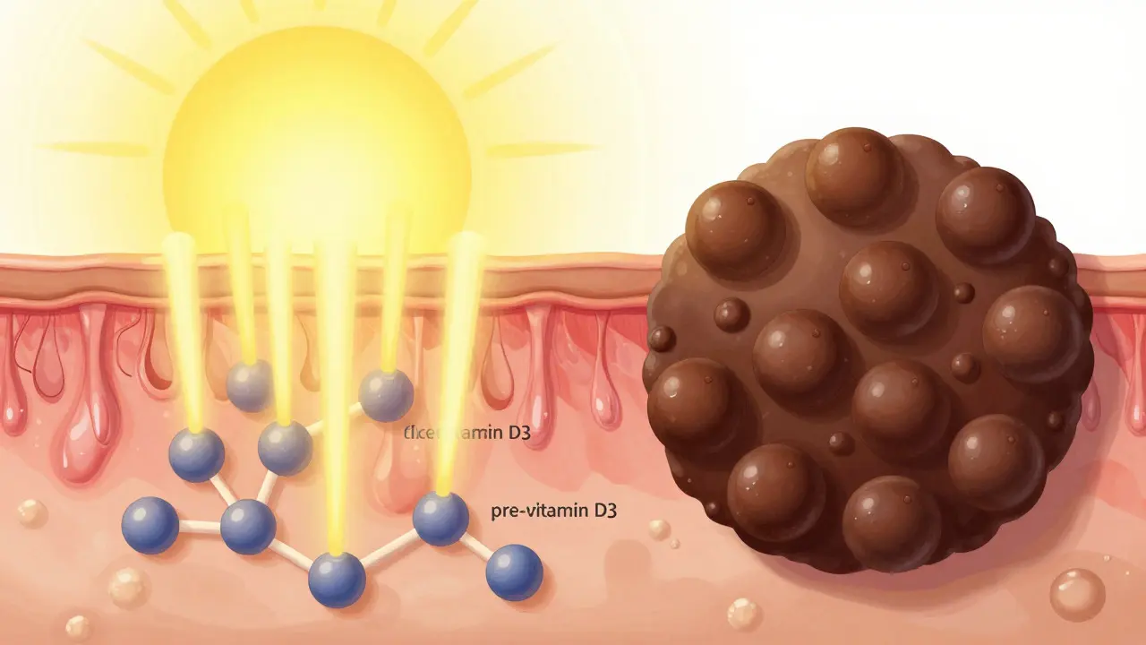 Ilustrace tvorby vitaminu D v kůži a vlivu melaninu