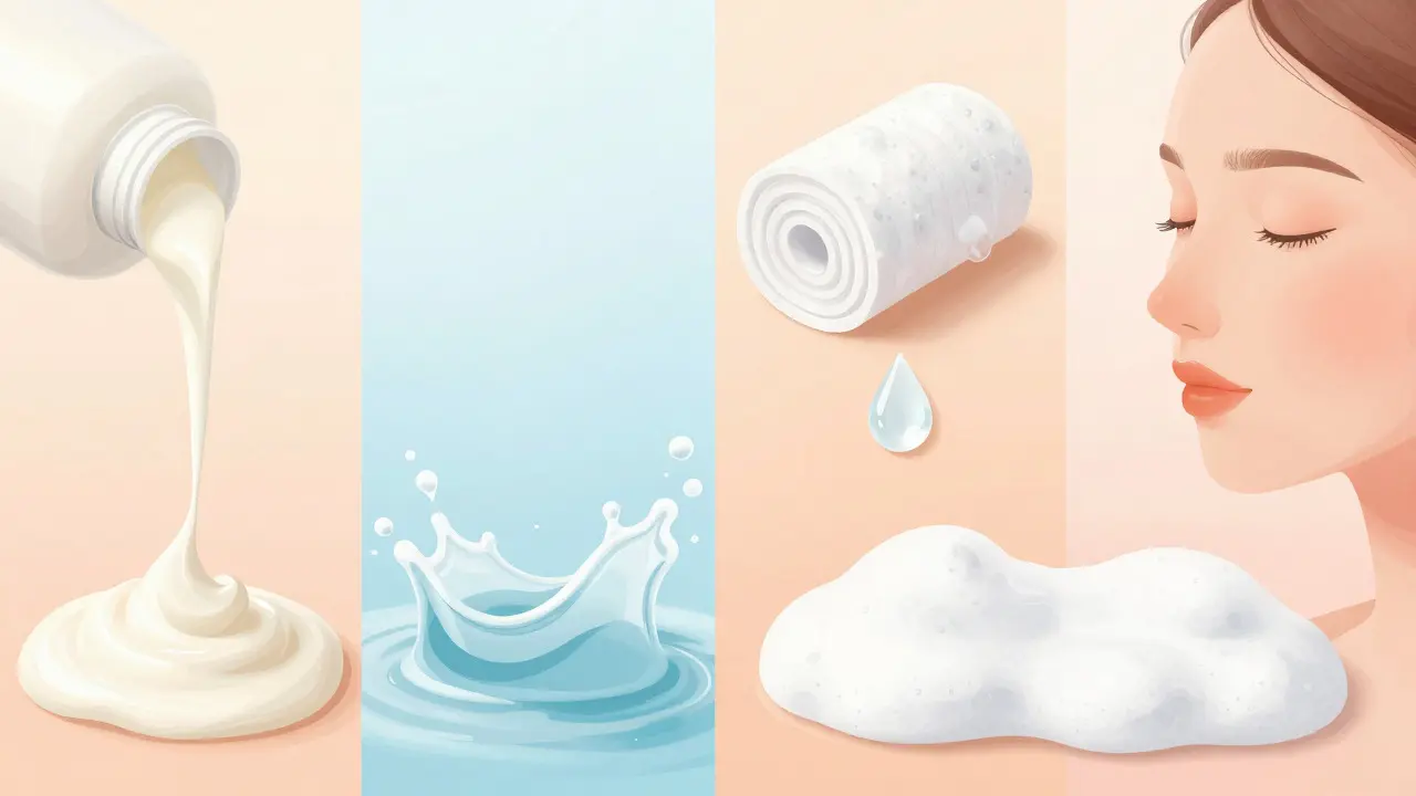 Ilustrace ukazující různé typy pleti a příslušné čistící produkty