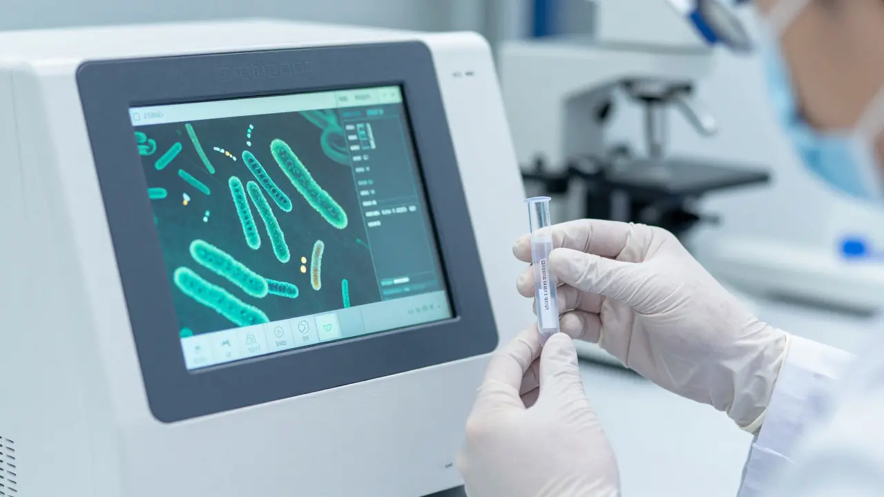 Laboratorní scéna s testováním mikrobiomu a DNA sekvenátorem