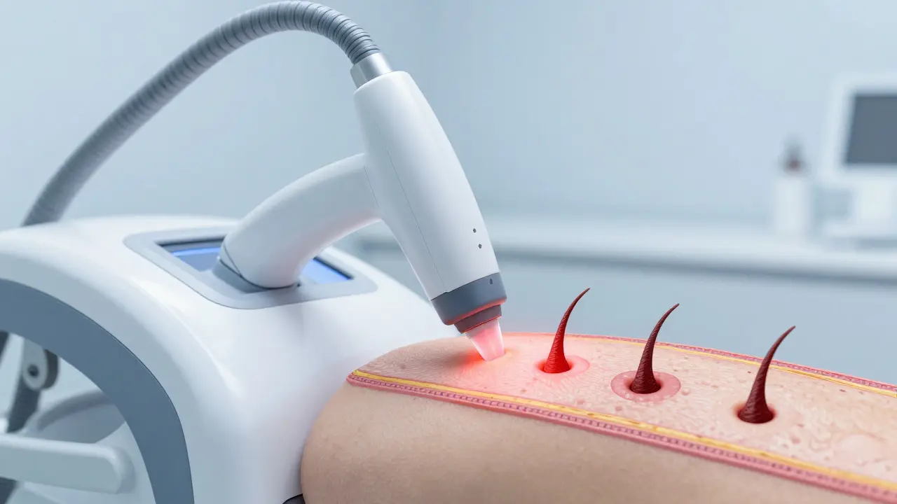 Laserový paprsek cílí na vlasový folikul v klinickém prostředí