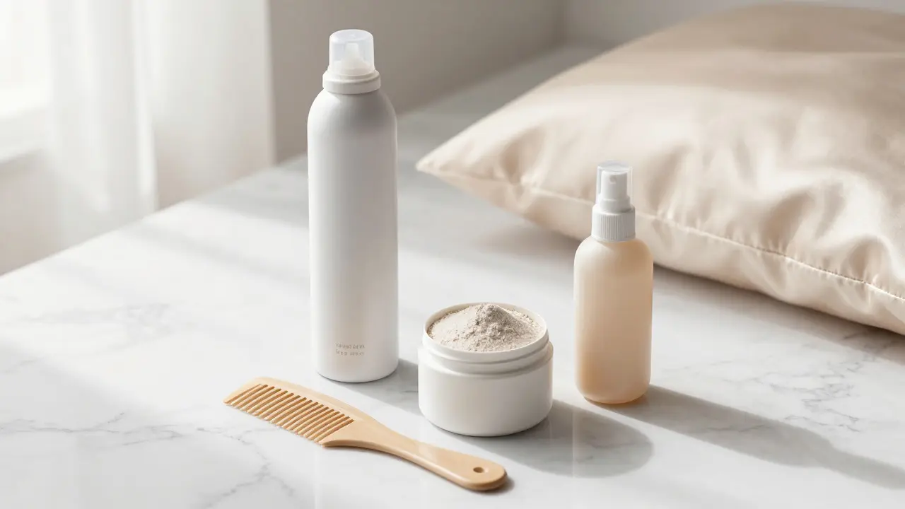 Lehké stylingové produkty a hřeben na mramorovém povrchu