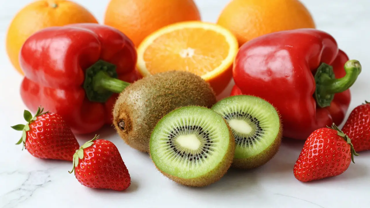Nakrájené kiwi a červená paprika na bílém mramoru