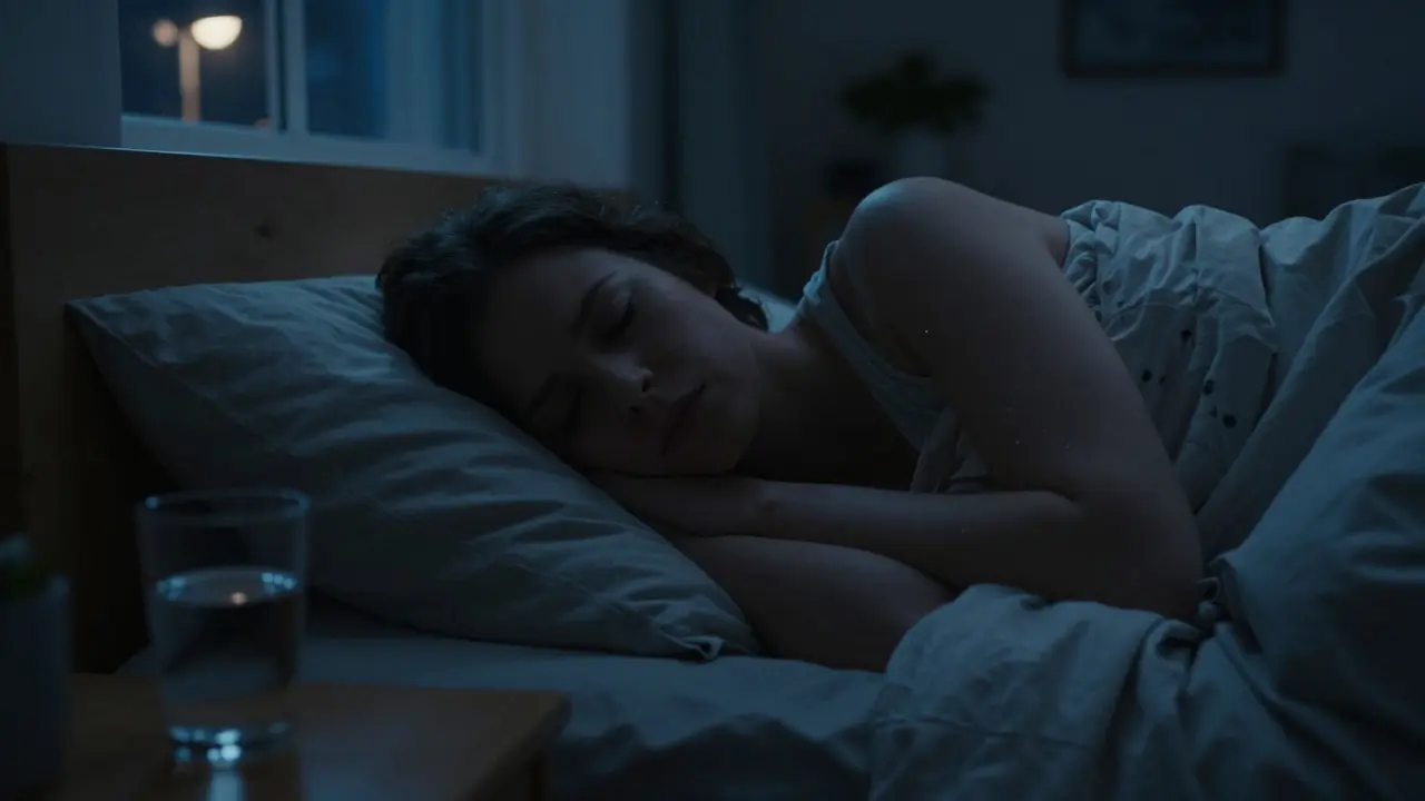 Person sleeping peacefully in a dark room at night
