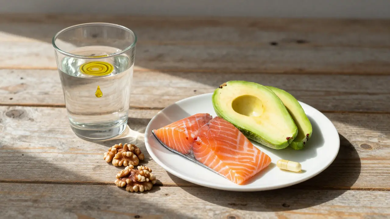 Potraviny bohaté na tuky a kapsle vitamínu D na stole