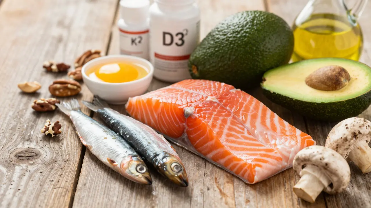 Potraviny bohaté na vitamin D a zdravé tuky na stole