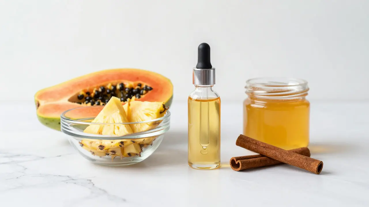 Přírodní ingredience jako papája a med na mramorové desce