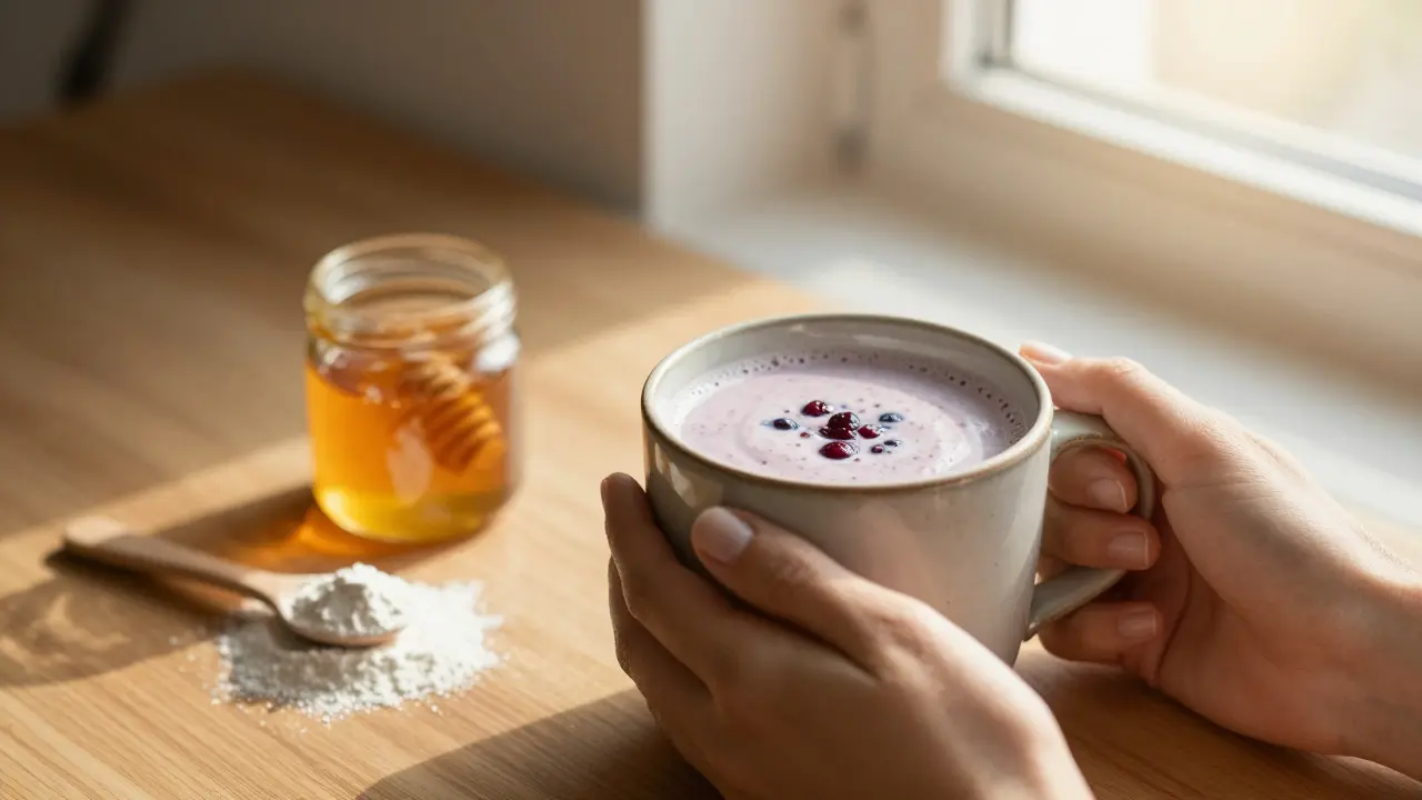 Ruce držící hrnek smoothie s jahodami při ranním světle