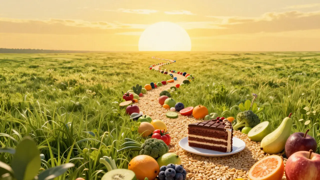 Winding path of healthy food leading to a bright horizon