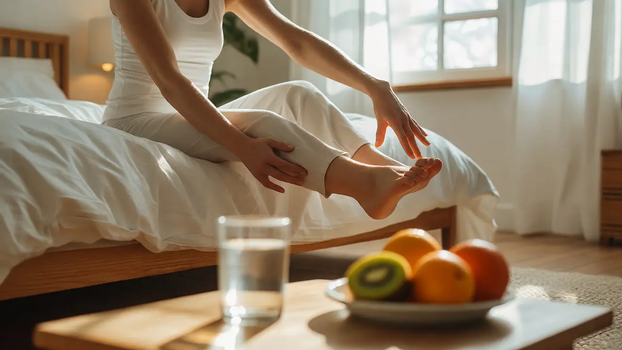 Člověk provádějící ranní protahování prstů a kotníků vedle sklenice vody a ovoce bohatého na vitamín C