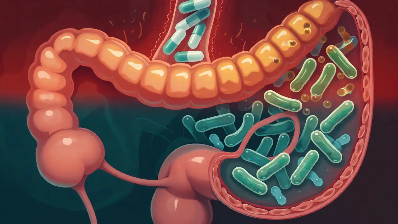 Ilustrace lidského střeva s rozlišením laktobacilů a bífidií v různých částech