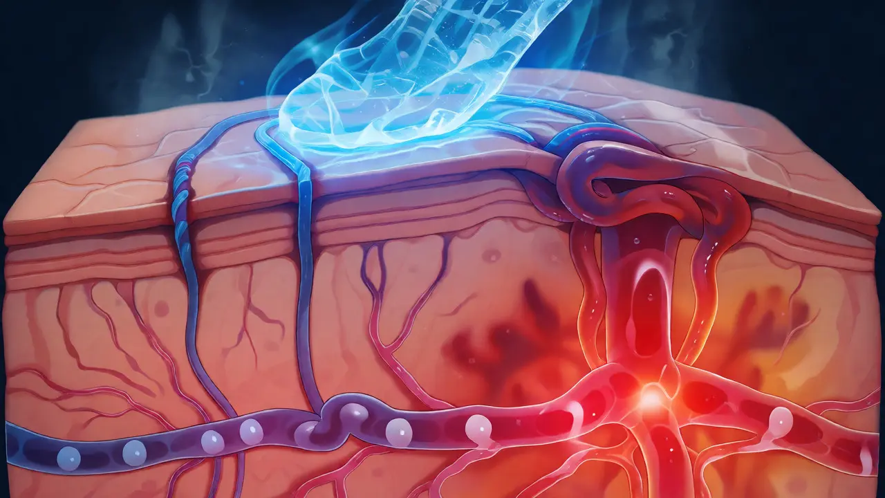 Ilustrace stažení cév a zlepšení cirkulace v pleti po aplikaci chladu.