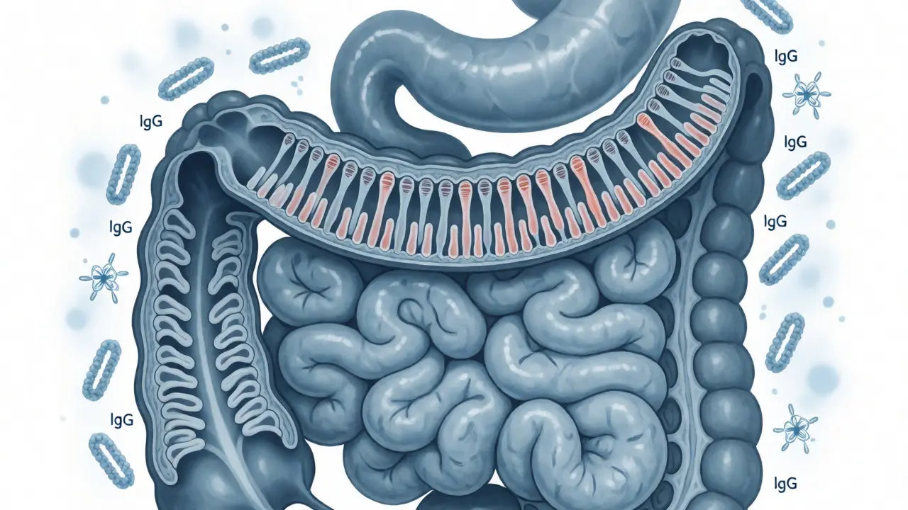 Ilustrace trávicího systému s poškozenými klky ve střevech