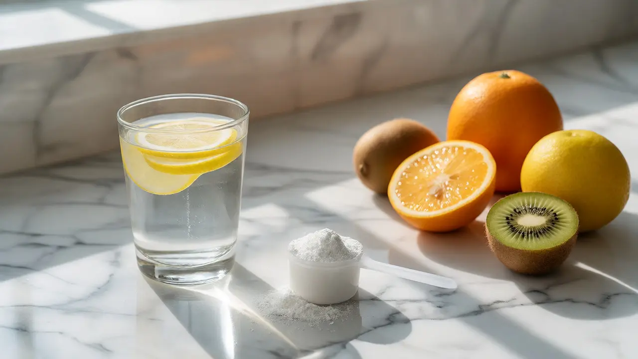 Rybí kolagen, citron a voda na stole pro hydrataci