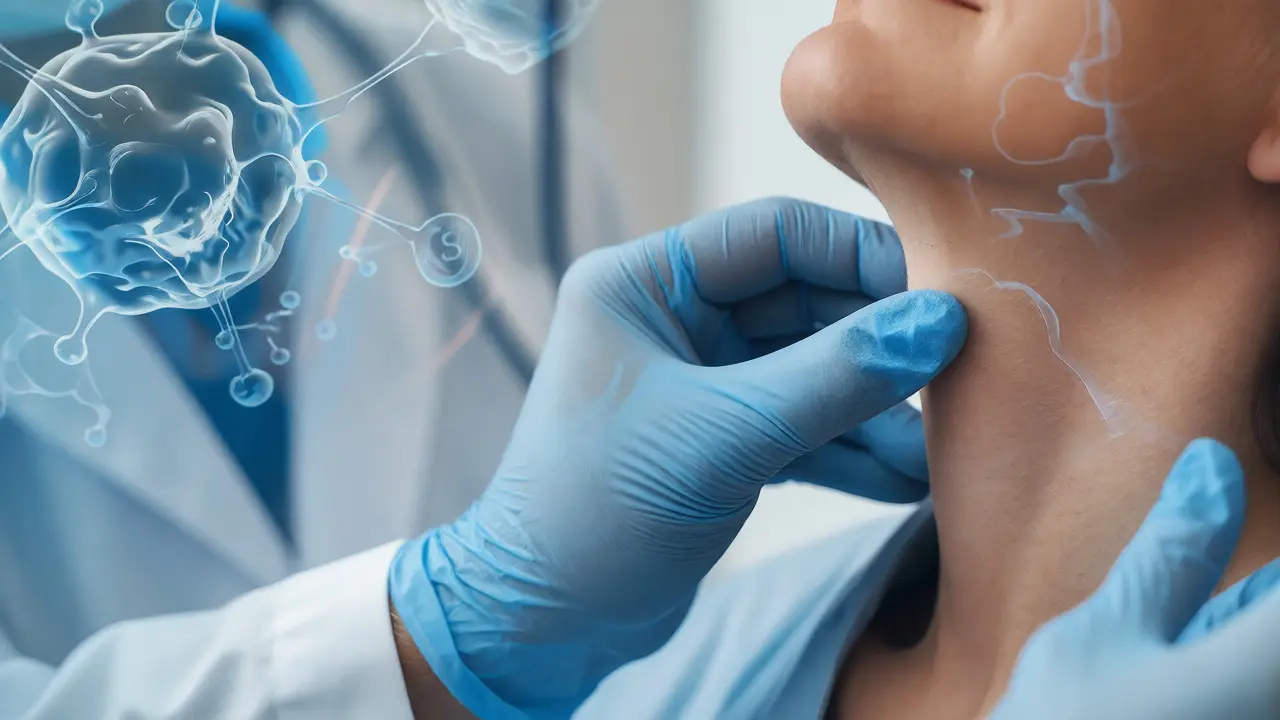 Zubní lékař vyšetřuje čelist a krk pacienta pro prevenci