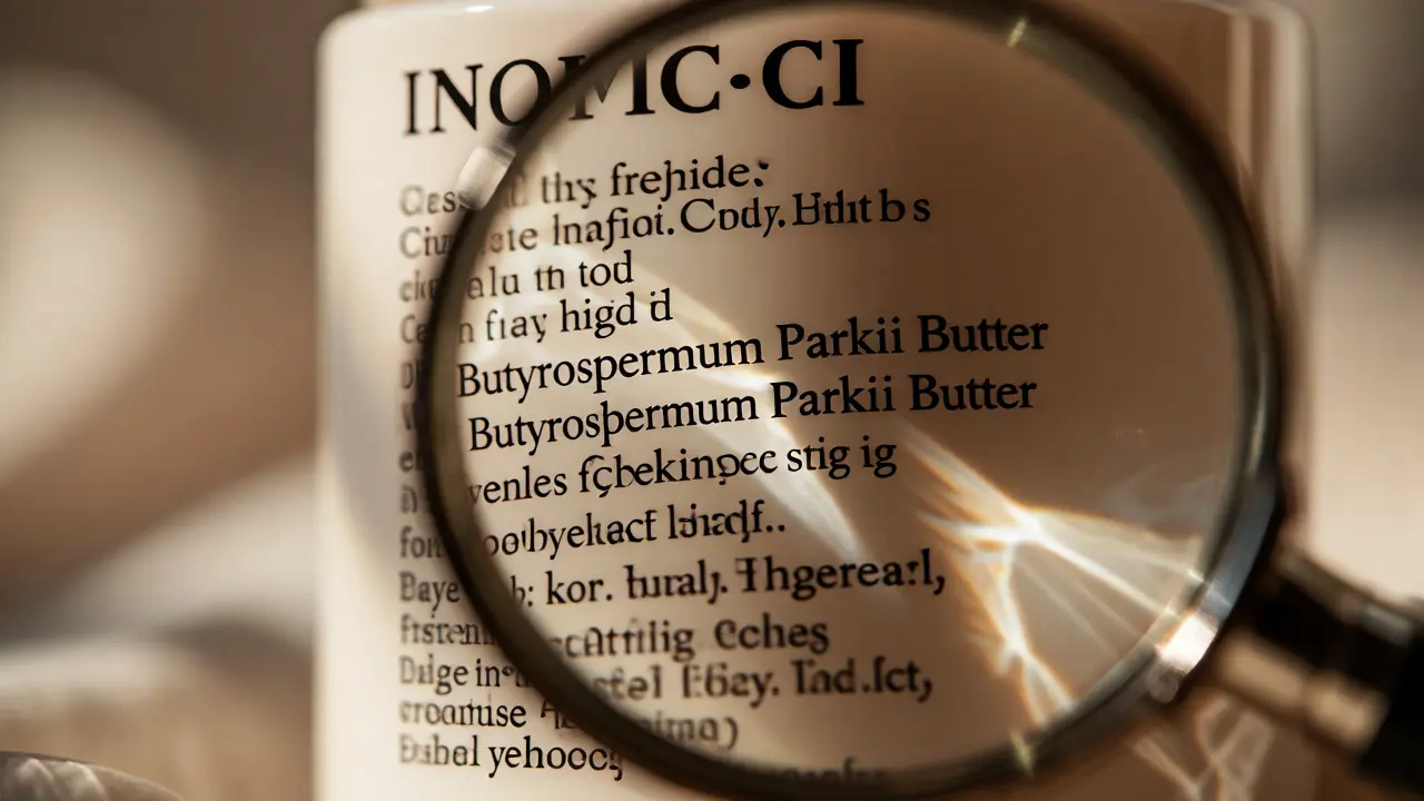 Zvětšovací sklo nad seznamem ingrediencí na obalu kosmetiky.